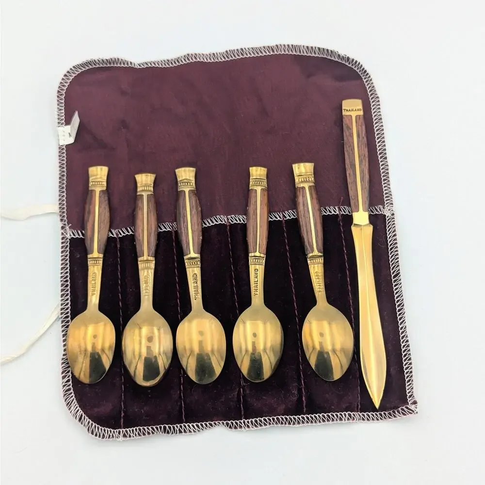 Vintage Thailand Brass & Rosewood Spoon Set – Flatware w Velvet Case